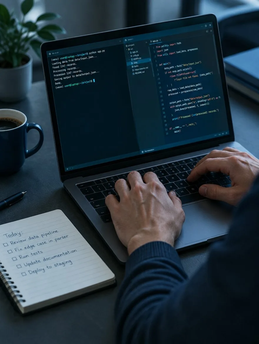 Handen op een toetsenbord met code op het scherm
