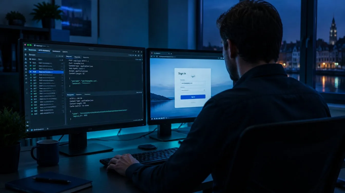 Pentester analyseert een webapplicatie op twee schermen